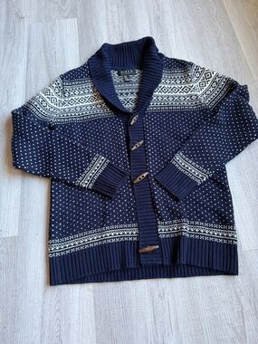21men Navy and White Shawl Collar Fair Isle Cardigan
